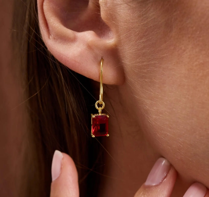 Ruby Red Emerald Cut Drop Earrings