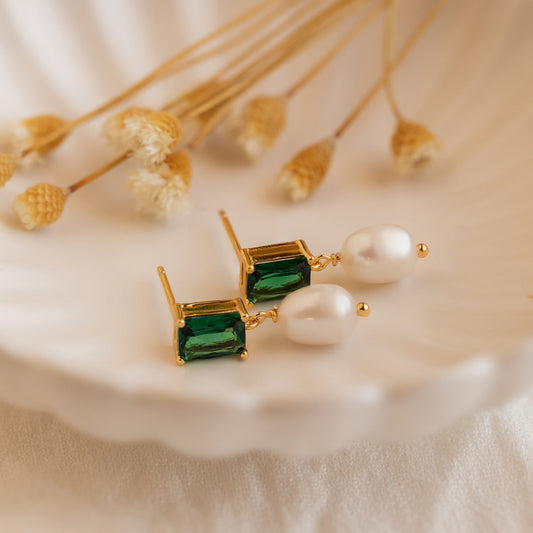 Emerald Baguette Pearl Drop Earrings