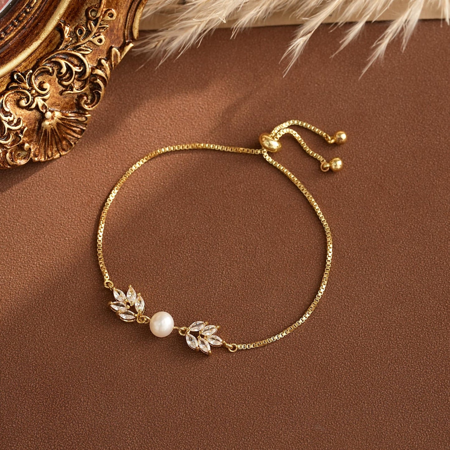 Pearl & Leaf Bracelet with Stones