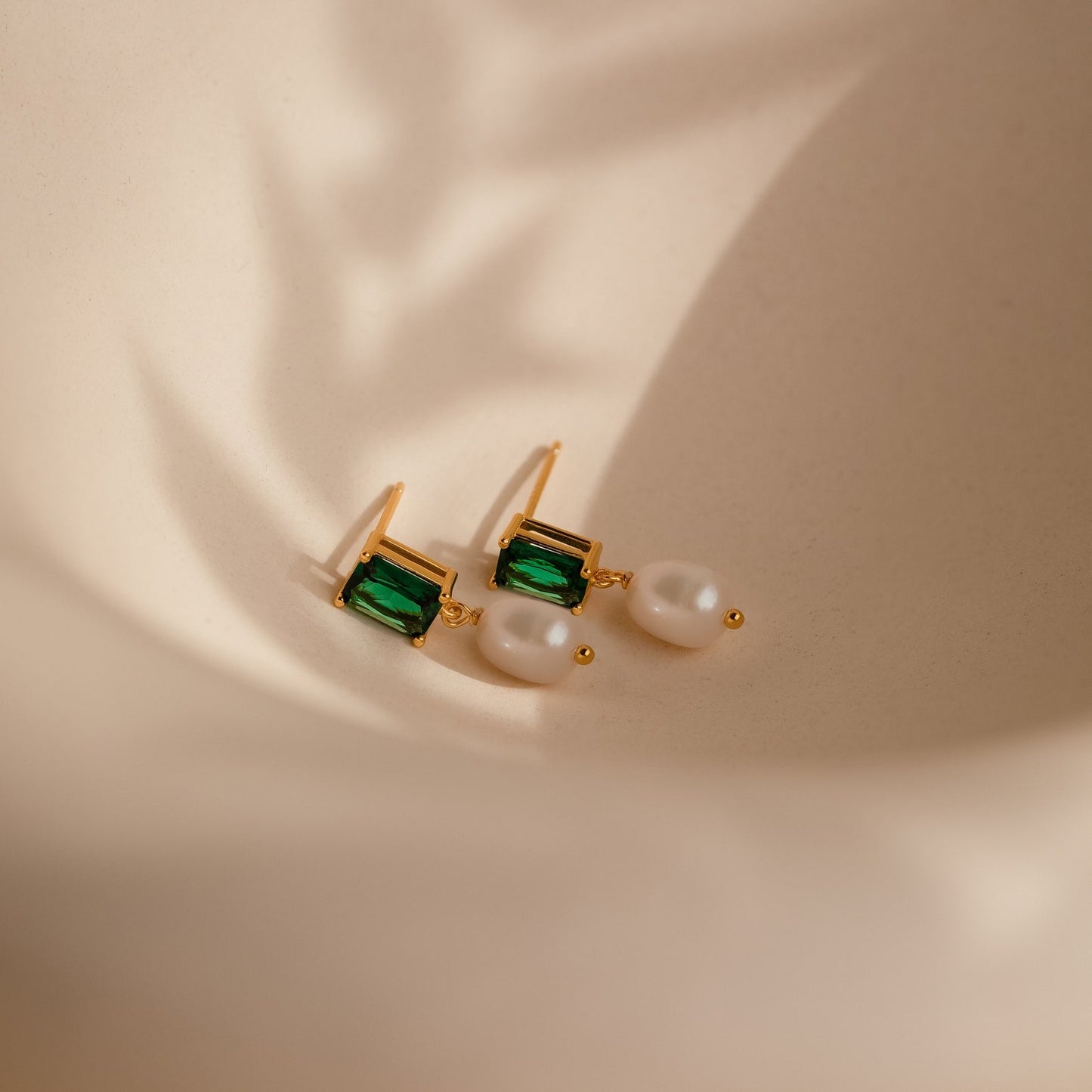 Emerald Baguette Pearl Drop Earrings