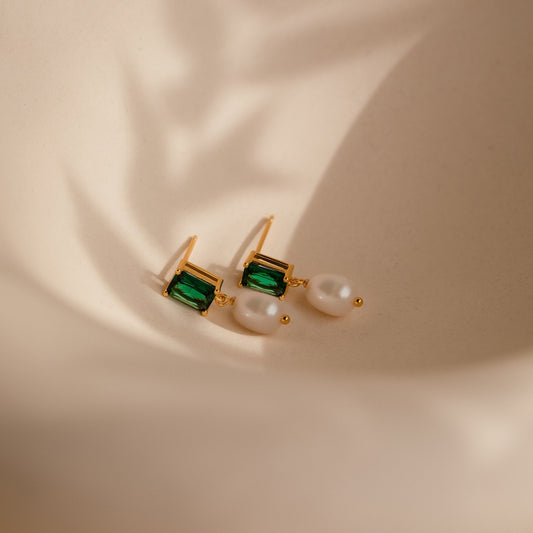 Emerald Baguette Pearl Drop Earrings
