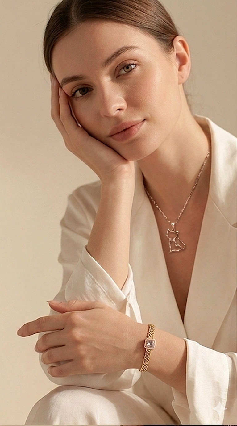 Rose Gold Cat & Heart Pendant Necklace