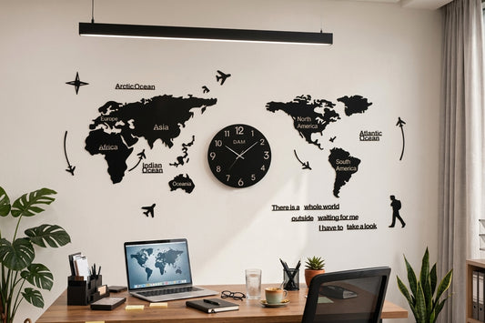 World Map Wall Clock Wood Material