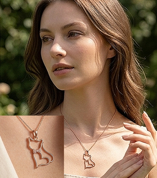 Rose Gold Cat & Heart Pendant Necklace