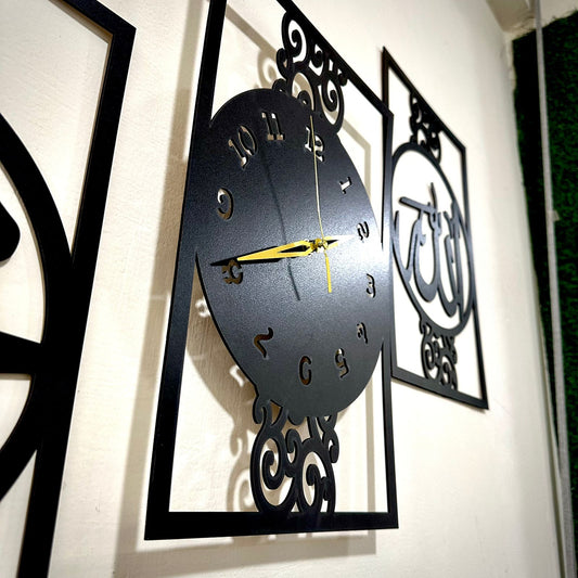 Allah Muhammad Wall Clock Set – 3 Piece Islamic Wooden Wall Decor