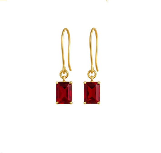 Ruby Red Emerald Cut Drop Earrings