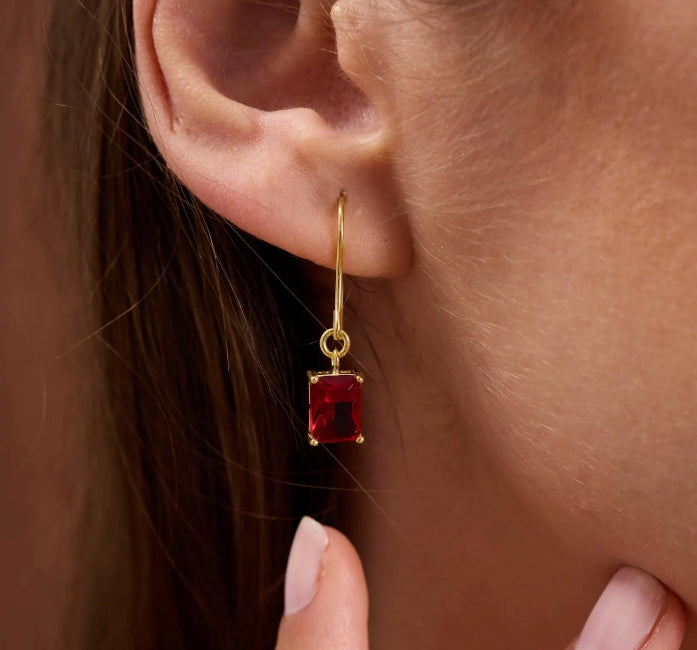 Ruby Red Emerald Cut Drop Earrings