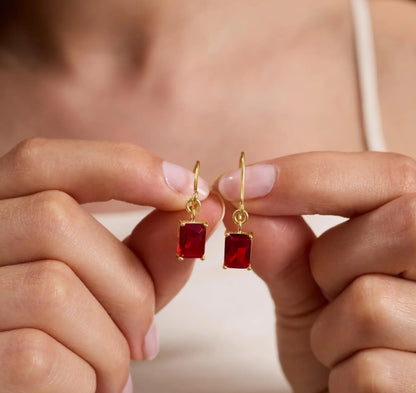 Ruby Red Emerald Cut Drop Earrings
