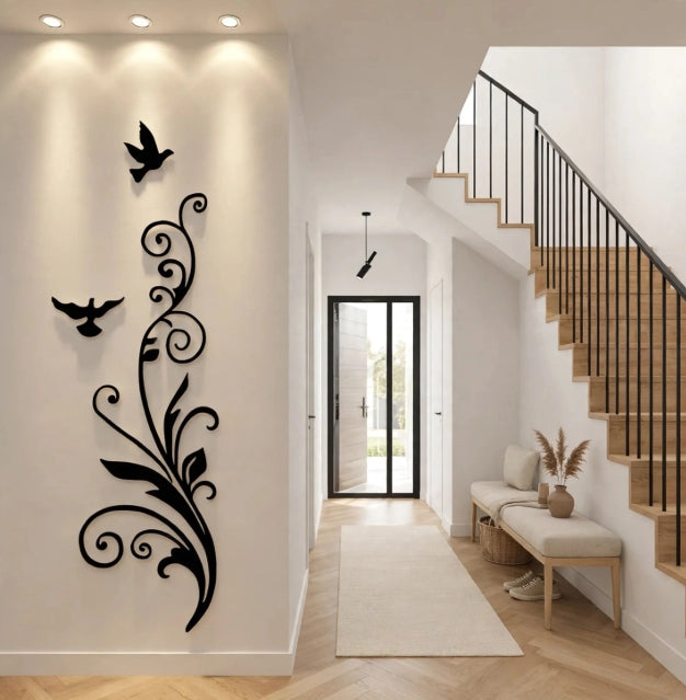 Elegant 3D Wooden Wall Decal - Creative Birds & Floral Vine Wall Sticker for Home Decoration
