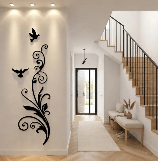 Elegant 3D Wooden Wall Decal - Creative Birds & Floral Vine Wall Sticker for Home Decoration