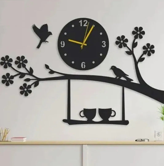 Large wooden hanging cups with tree branch clock