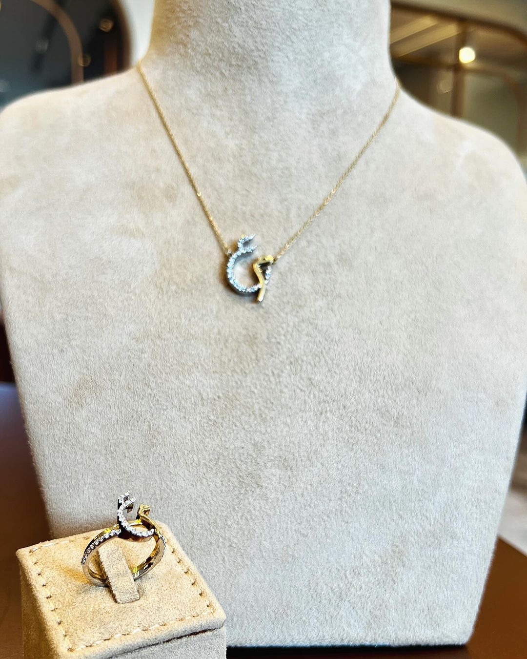 Diamond-Encrusted Letter Necklace and ring