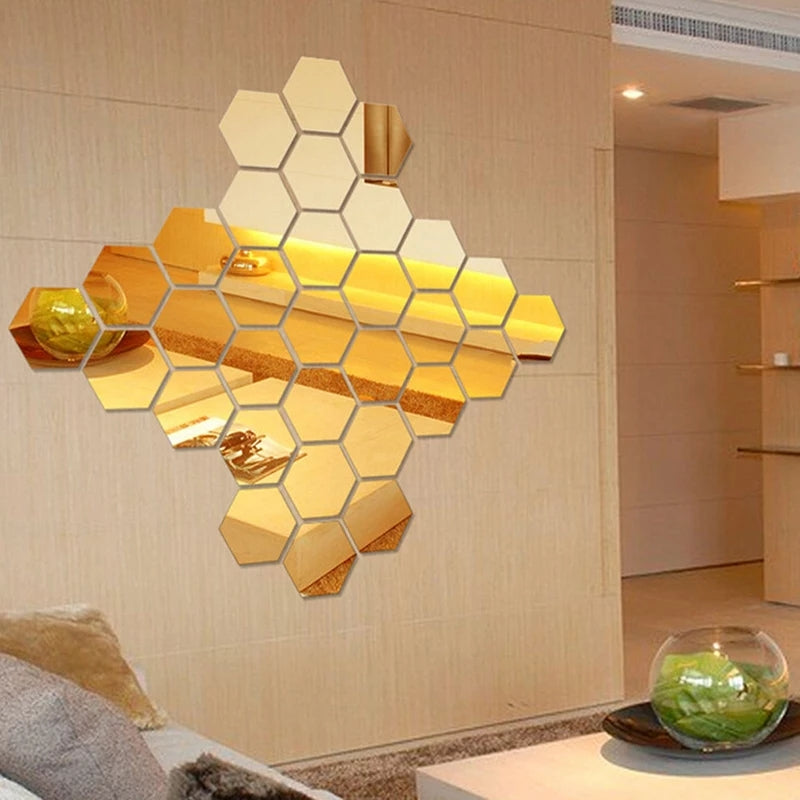 Acrylic Hexagon Mirror Set – Gold Geometric Wall Decor