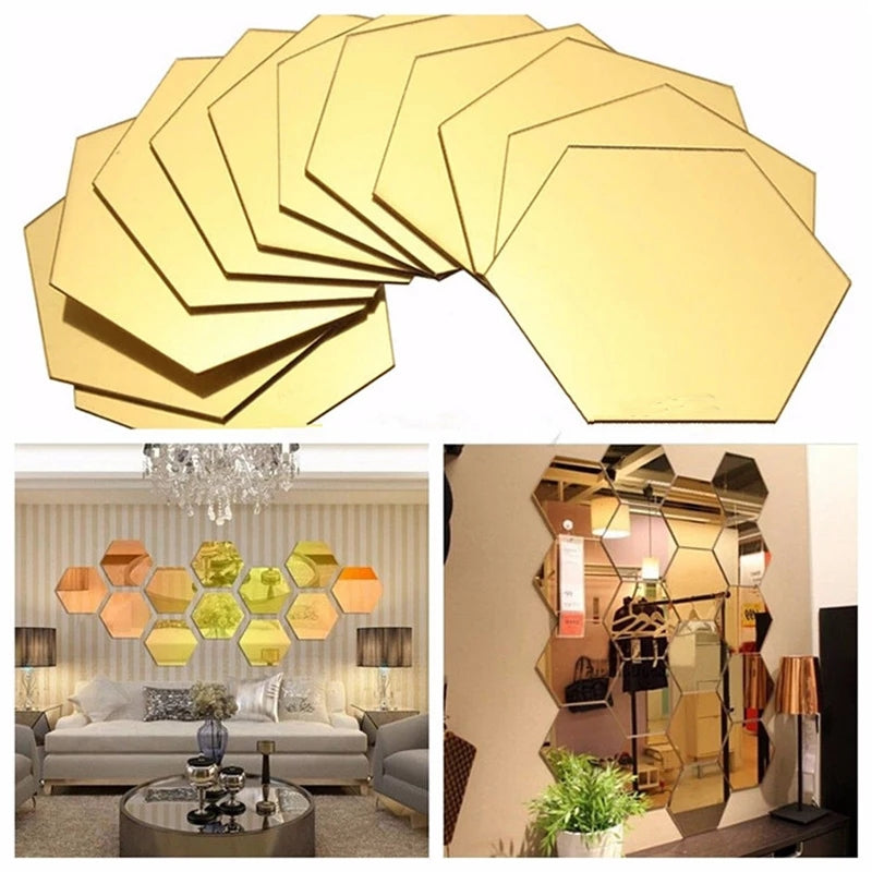 Acrylic Hexagon Mirror Set – Gold Geometric Wall Decor