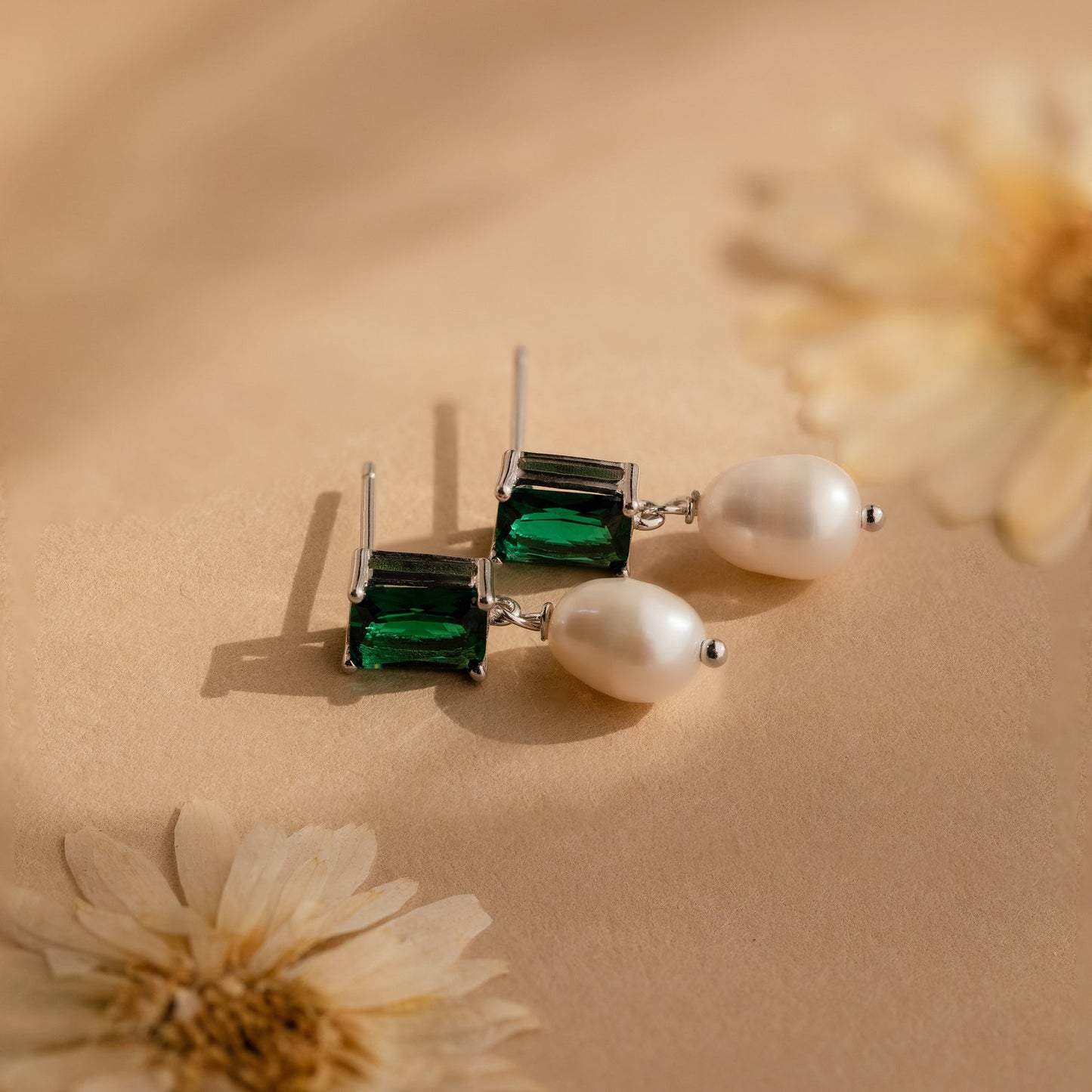 Emerald Baguette Pearl Drop Earrings