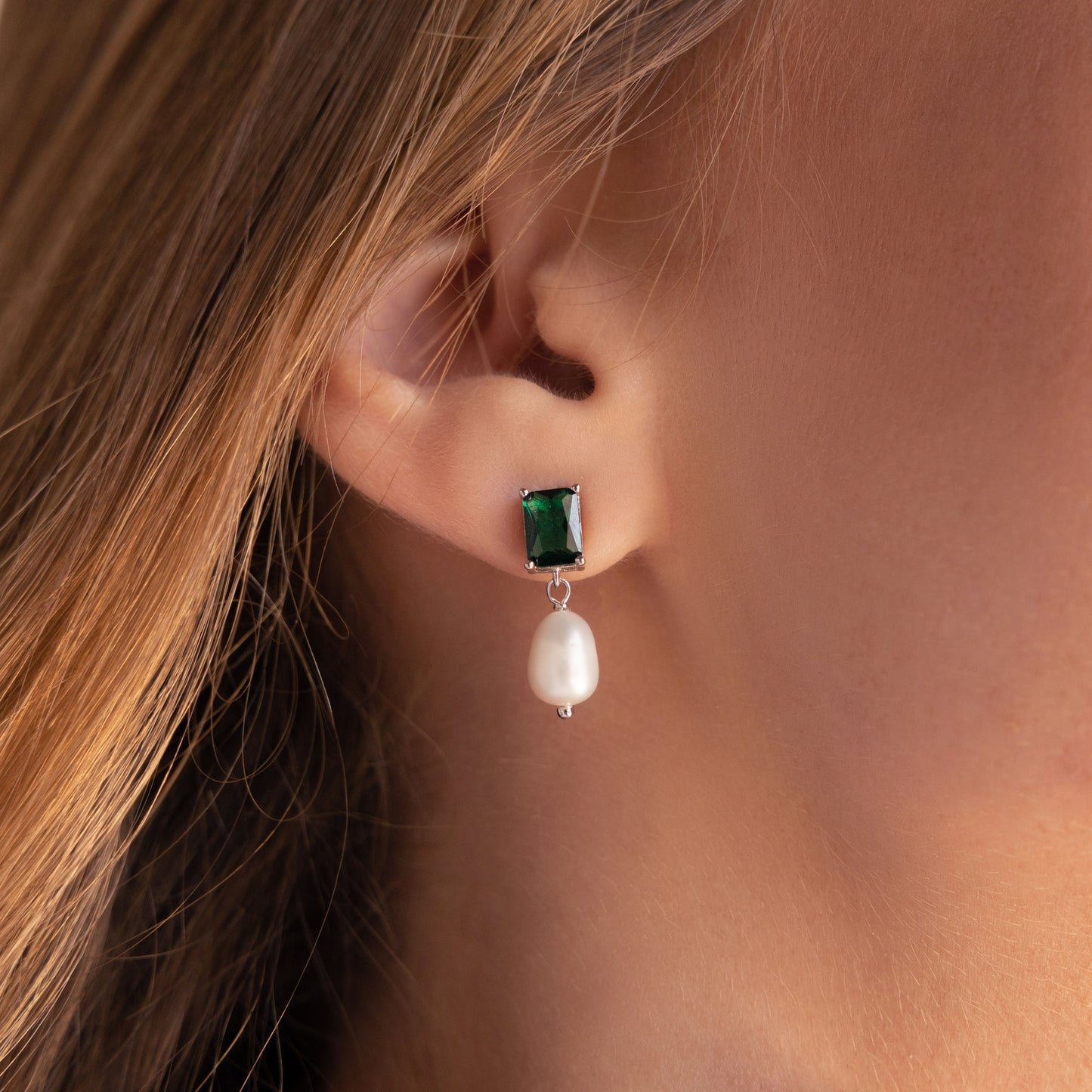 Emerald Baguette Pearl Drop Earrings