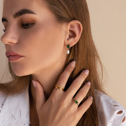 Emerald Baguette Pearl Drop Earrings