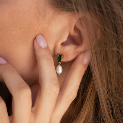 Emerald Baguette Pearl Drop Earrings