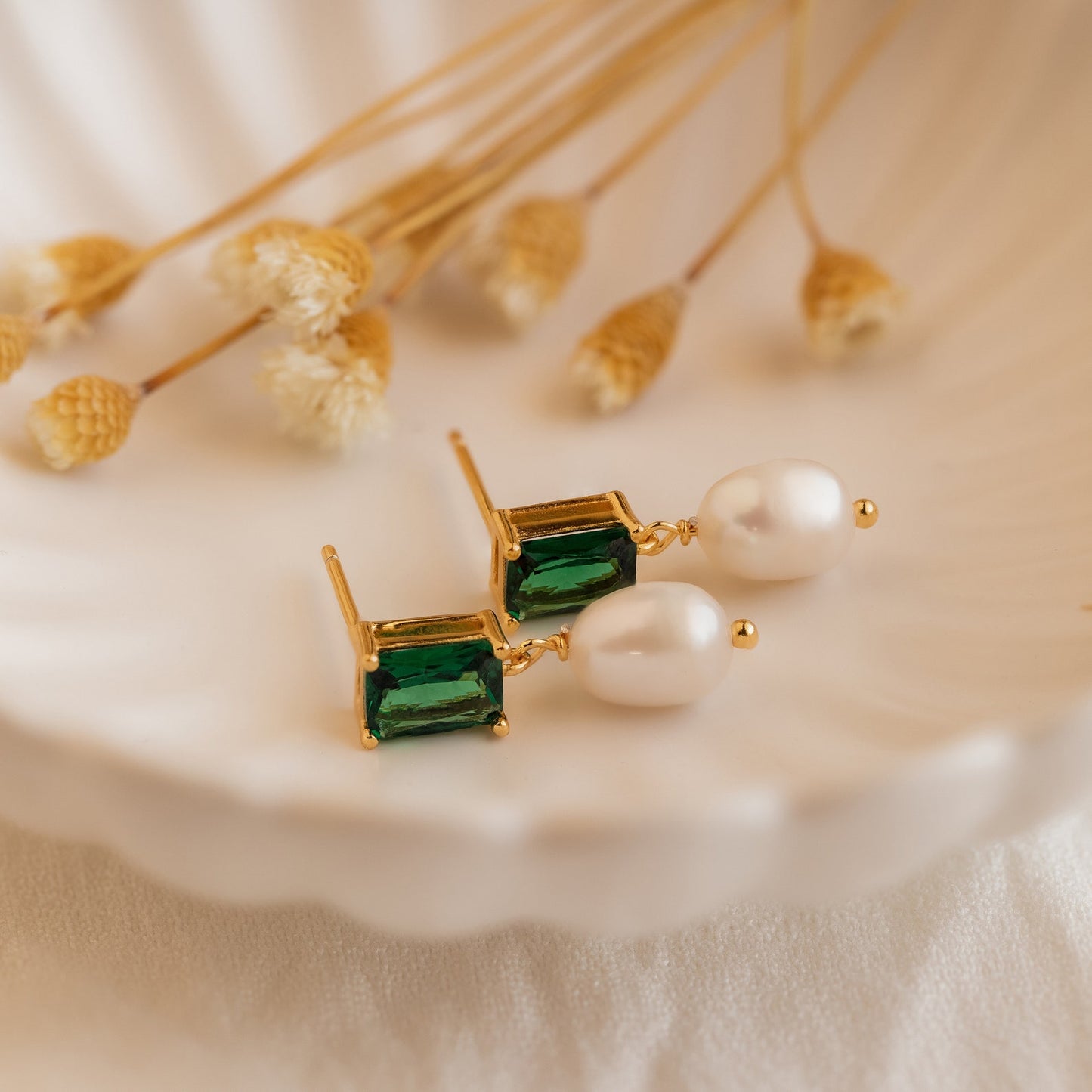 Emerald Baguette Pearl Drop Earrings