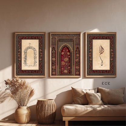 Islamic Wall Art Set, 3-Piece – Arabic Calligraphy & Oriental Pattern
