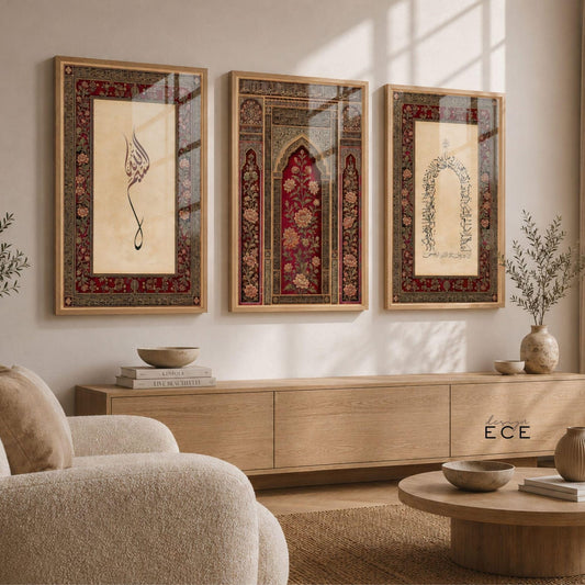 Islamic Wall Art Set, 3-Piece – Arabic Calligraphy & Oriental Pattern