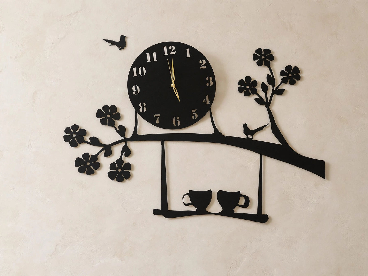Large wooden hanging cups with tree branch clock
