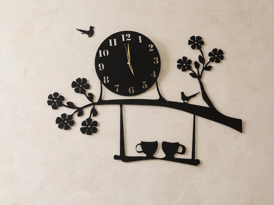 Large wooden hanging cups with tree branch clock