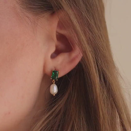 Emerald Baguette Pearl Drop Earrings